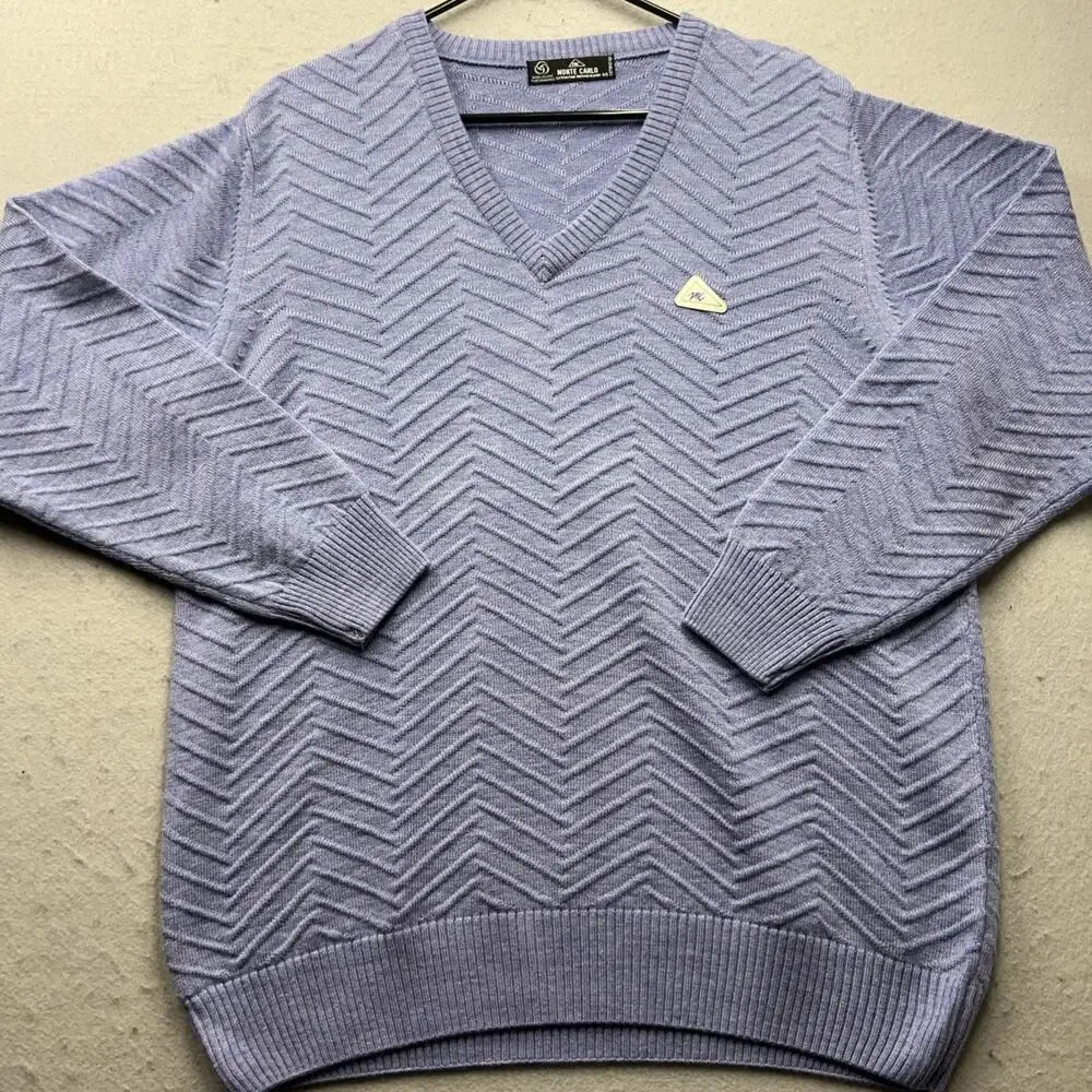 Monte Carlo V Neck Sweater Mens 40 Gray Wool Blend Chevron‎ Knit Pullover